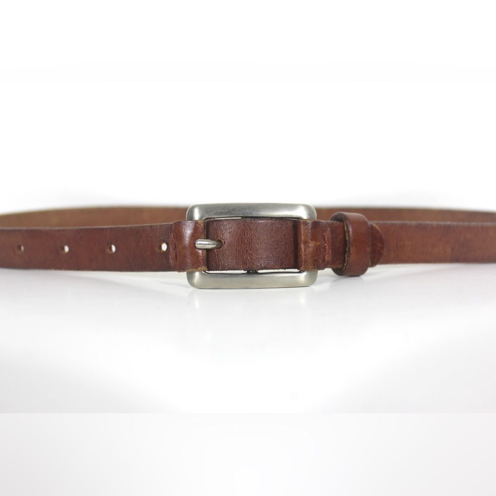 Vintage Narrow Tan Thick Leather Belt Silver and Leather Buckle Skinny Brown